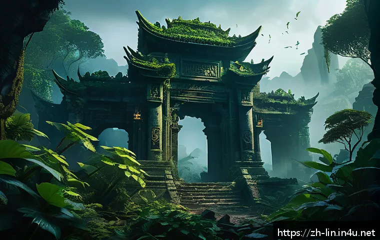리니지 전설 장비 드랍처 - A dense mystical jungle ruin scene at twilight, featuring towering ancient stone structures entwined...