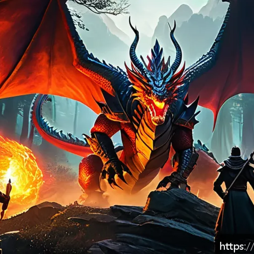 리니지 시간별 보스 공략 - A dynamic fantasy boss battle scene at dawn, featuring a large, menacing Flame Dragon King with glow...