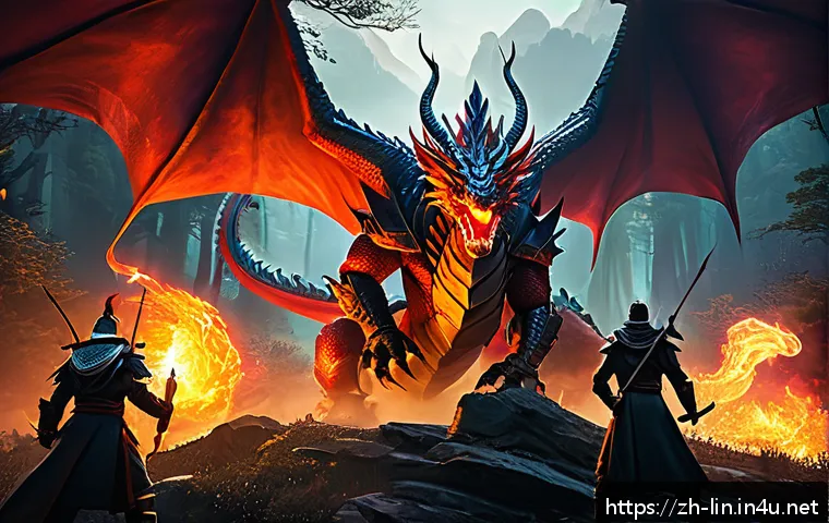 리니지 시간별 보스 공략 - A dynamic fantasy boss battle scene at dawn, featuring a large, menacing Flame Dragon King with glow...