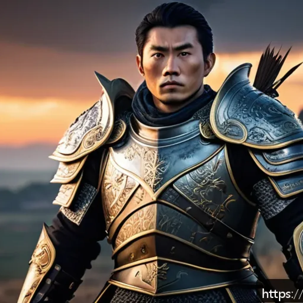 리니지 공식 가이드북 리뷰 - A detailed fantasy warrior character standing confidently on a battlefield, wearing intricately desi...