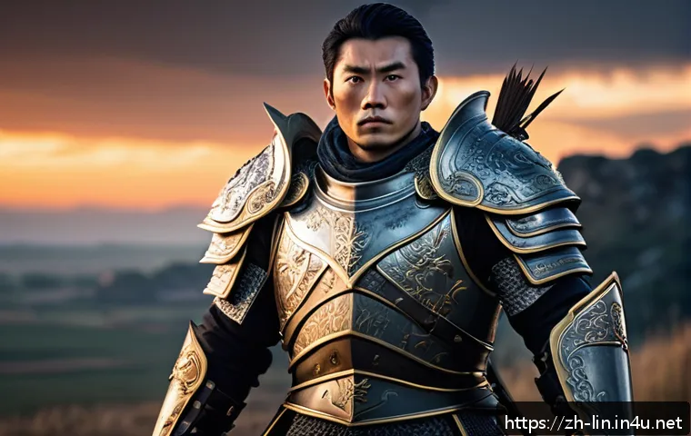 리니지 공식 가이드북 리뷰 - A detailed fantasy warrior character standing confidently on a battlefield, wearing intricately desi...