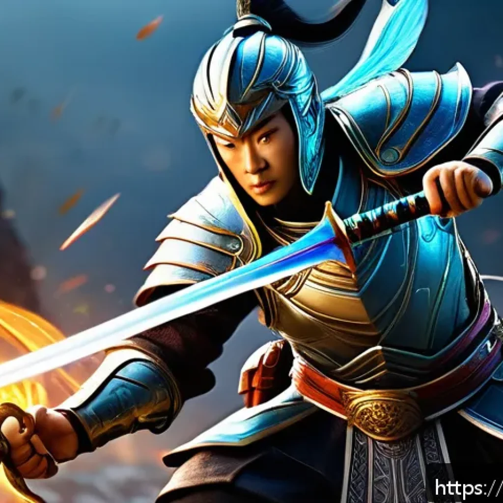 리니지 신규 클래스 소개 - A dynamic fantasy warrior character in intricately detailed armor, wielding a glowing sword and cast...