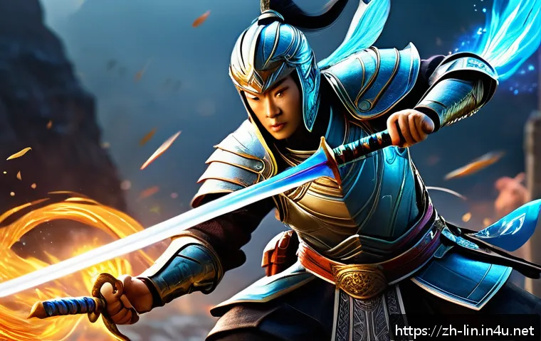 리니지 신규 클래스 소개 - A dynamic fantasy warrior character in intricately detailed armor, wielding a glowing sword and cast...