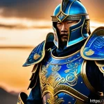 리니지 드랍 아이템 가치 평가 - A legendary warrior clad in an elaborate full armor set with glowing blue and gold accents, featurin...