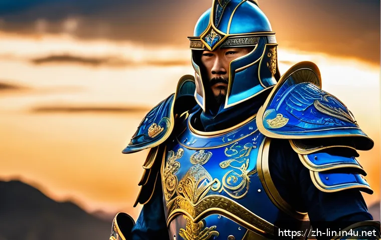 리니지 드랍 아이템 가치 평가 - A legendary warrior clad in an elaborate full armor set with glowing blue and gold accents, featurin...
