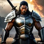 리니지 최적의 스탯 분배 - A powerful warrior character standing confidently on a battlefield, wearing heavy armor that emphasi...