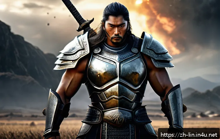 리니지 최적의 스탯 분배 - A powerful warrior character standing confidently on a battlefield, wearing heavy armor that emphasi...