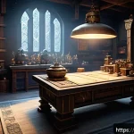 리니지 희귀 장비 제작 가이드 - A detailed fantasy RPG crafting scene featuring a skilled character in ornate armor carefully select...