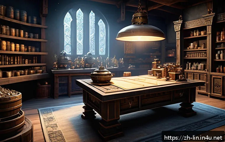 리니지 희귀 장비 제작 가이드 - A detailed fantasy RPG crafting scene featuring a skilled character in ornate armor carefully select...