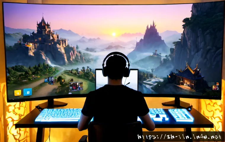 리니지 프리미엄 계정 혜택 - Photorealistic premium online gaming experience, confident young adult gamer at a sleek desktop comp...