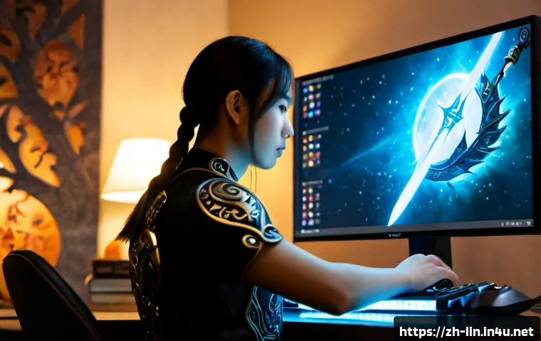 리니지 희귀템 트렌드 - Photorealistic gaming desk scene showing a modern desktop monitor with a non-readable fantasy game i...