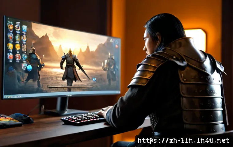 리니지 직업별 스킬 조합 - Photorealistic fantasy gaming setup, mature player viewed from behind at a clean desk, widescreen mo...
