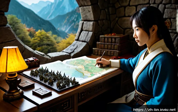 리니지 필수 사냥터 분석 - Photorealistic fantasy strategy desk scene, an adult gamer studying a hand-drawn medieval hunting-gr...