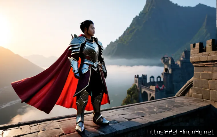 리니지 영웅 등급 캐릭터 - Photorealistic high-fantasy MMORPG hero character standing confidently on a misty ancient castle bri...