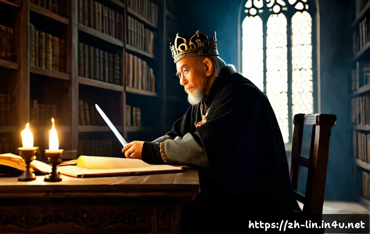 리니지 세계관 심층 분석 - Photorealistic cinematic fantasy scene of an elderly royal historian studying the deep history of a ...
